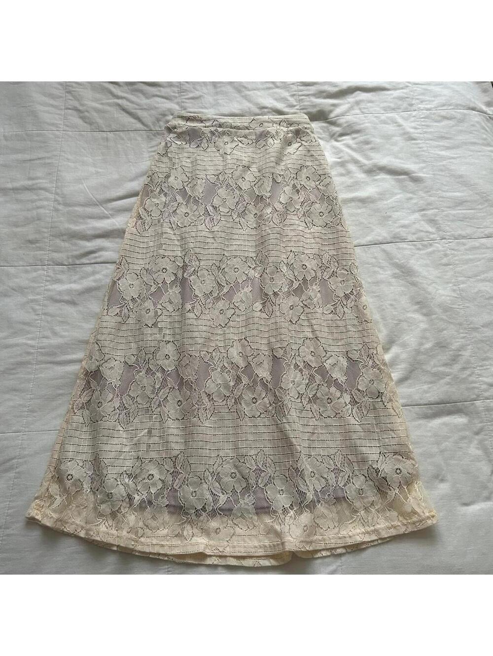 Axes Femme Cream and baby pink lace overlay long midi skirt Size Medium
